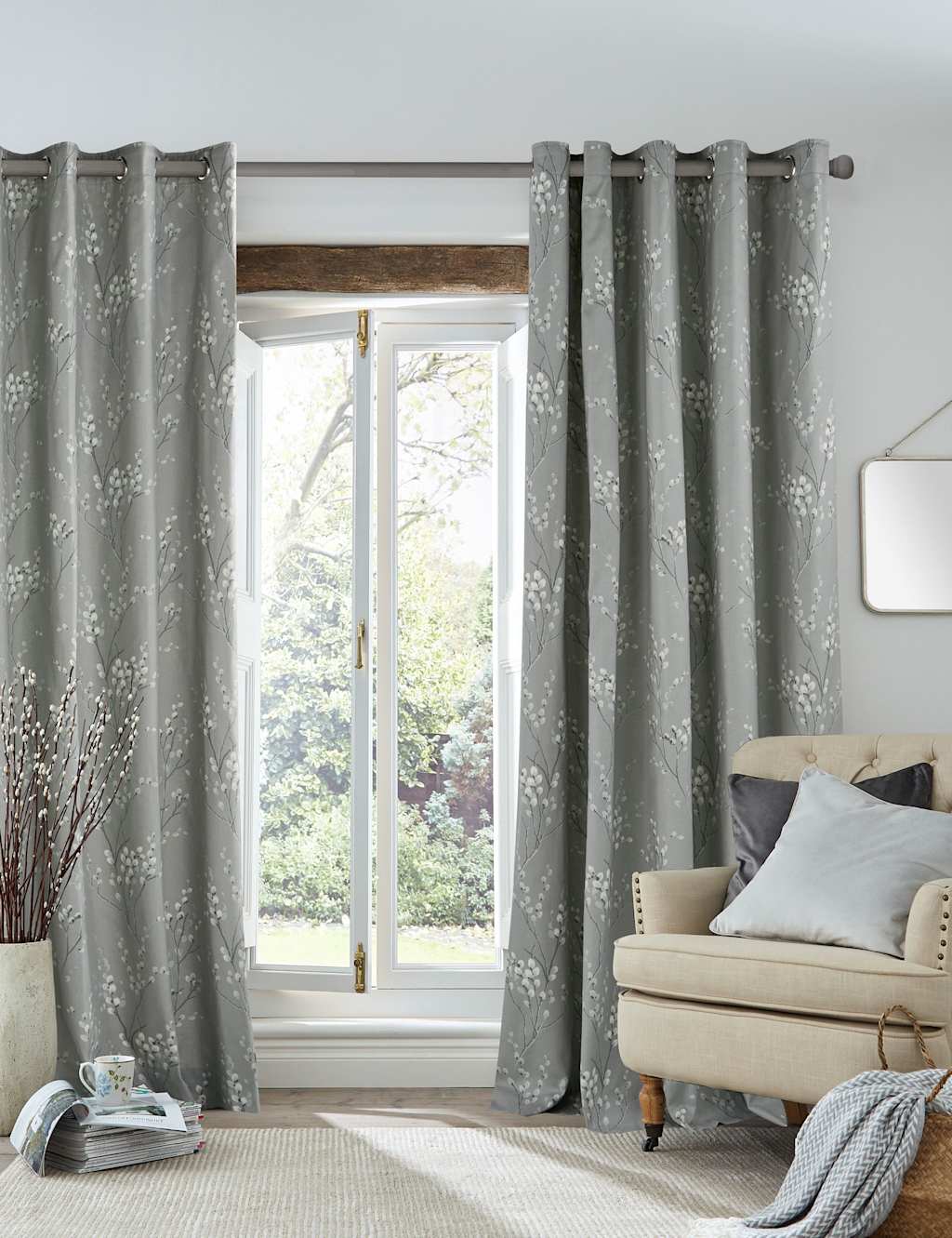 Laura Ashley Pussy Willow Eyelet Curtains Light Grey