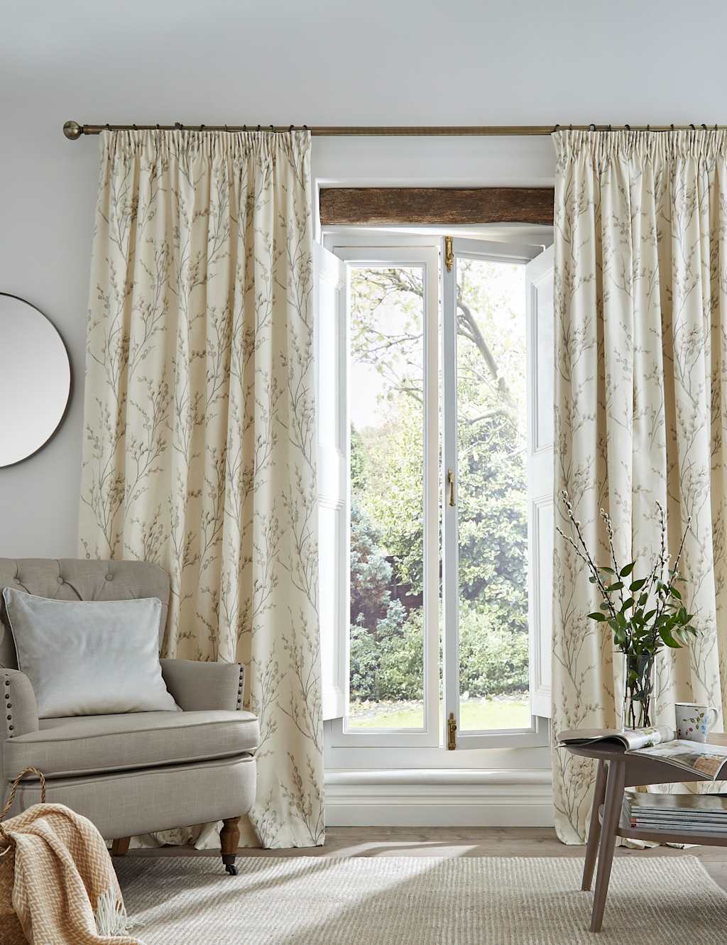 Laura Ashley Pure Cotton Pussy Willow Pencil Pleat Curtains - W229cm, Drop 229cm - Light Grey Mix - Available at M&S