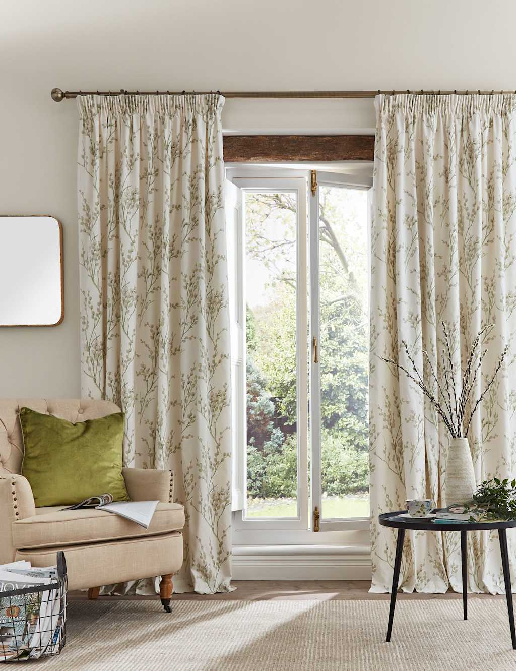 Laura Ashley Pussy Willow Pure Cotton Pencil Pleat Curtains Green Mix