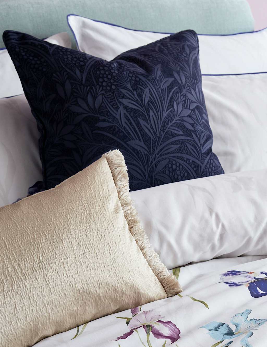 Laura Ashley Velvet Barley Embossed Cushion - Navy - Available at M&S
