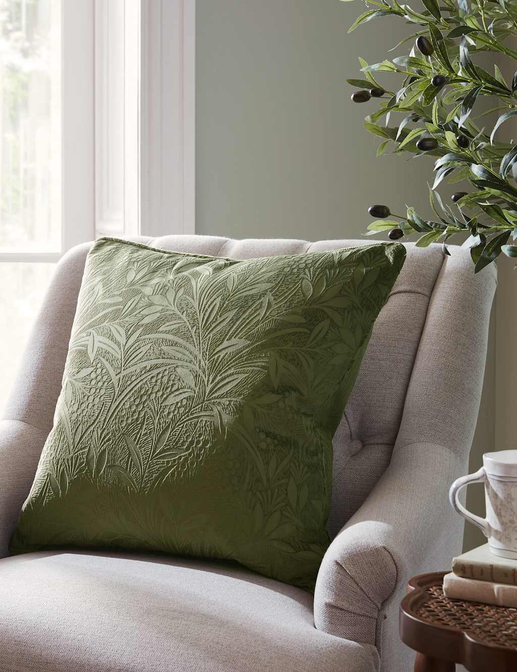 Laura Ashley Velvet Barley Embossed Cushion - Green - Available at M&S