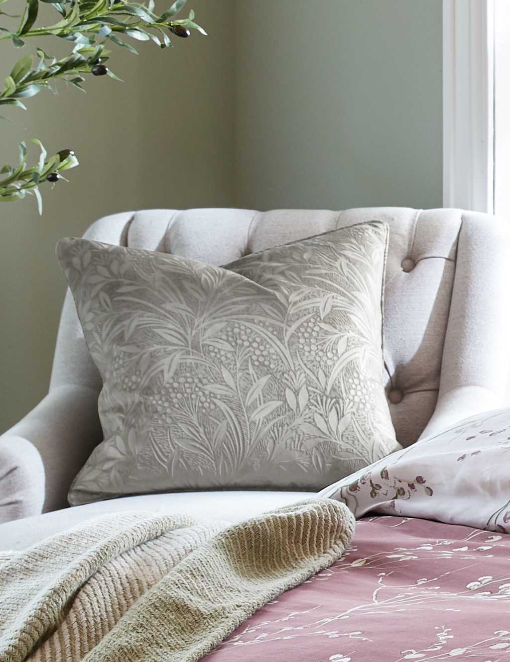 Laura Ashley Velvet Barley Embossed Cushion - Grey - Available at M&S