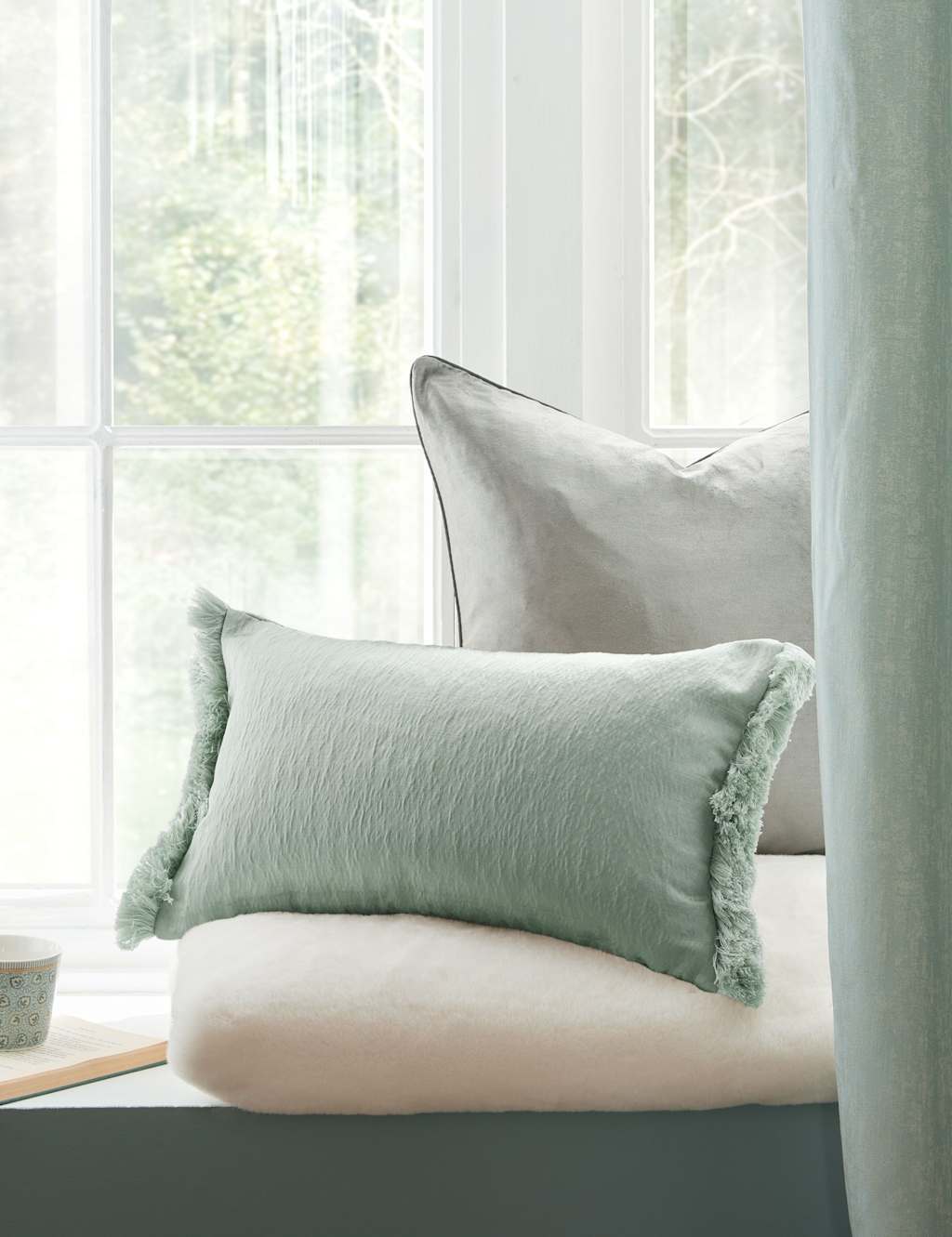 Laura Ashley Carys Crinkle Bolster Cushion - Green - Available at M&S