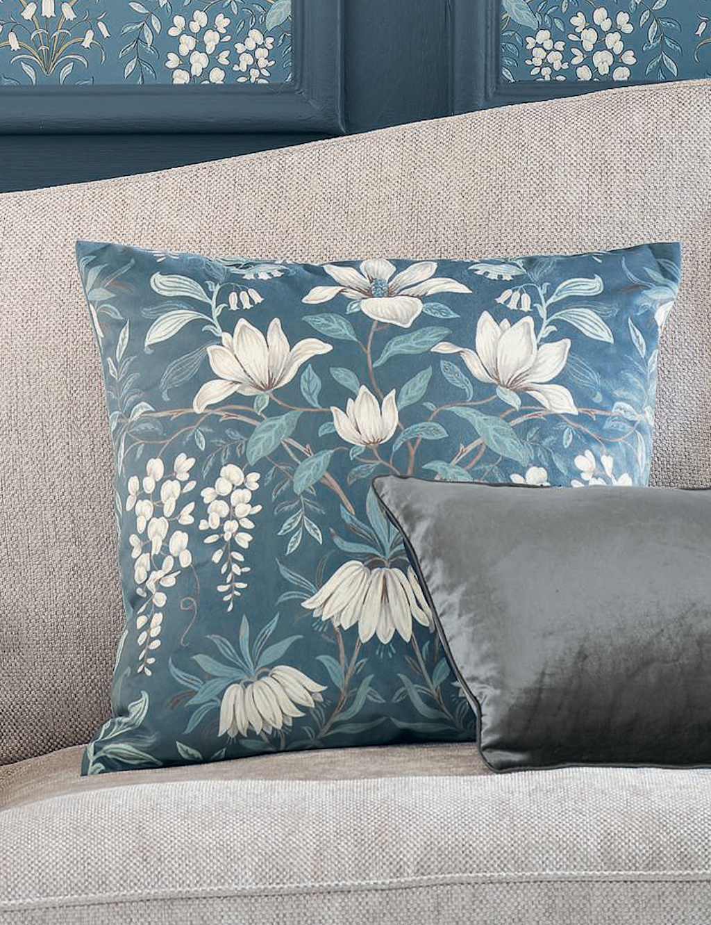 Laura Ashley Velvet Parterre Cushion - Blue Mix - Available at M&S