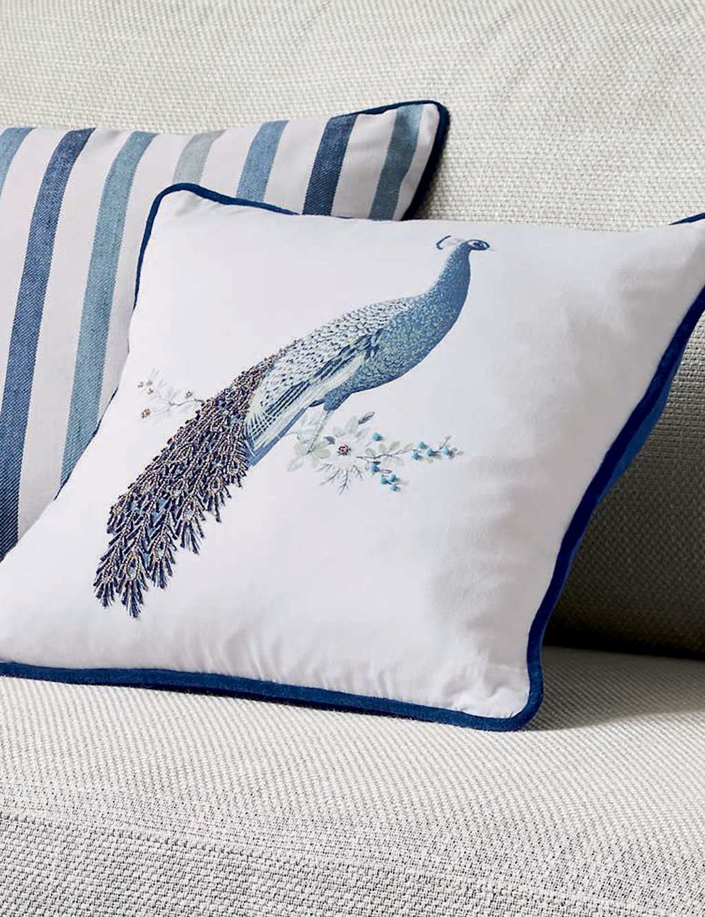 Laura Ashley Pure Cotton Peacock Beaded Cushion - Blue Mix - Available at M&S