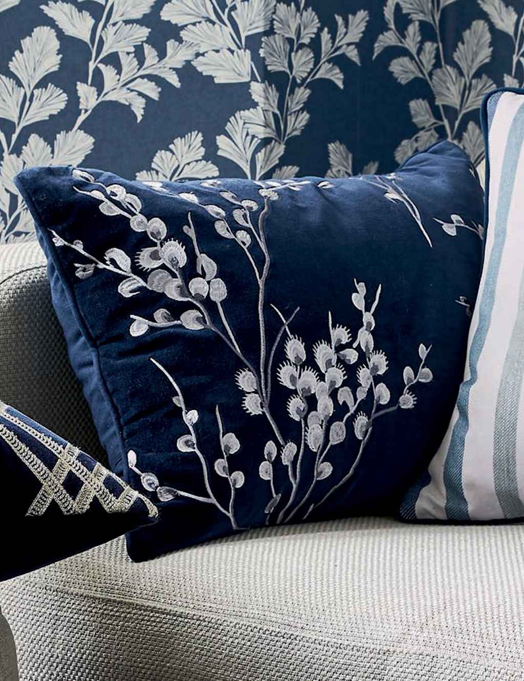 Laura Ashley Pussy Willow Velvet Embroidered Cushion Navy Mix