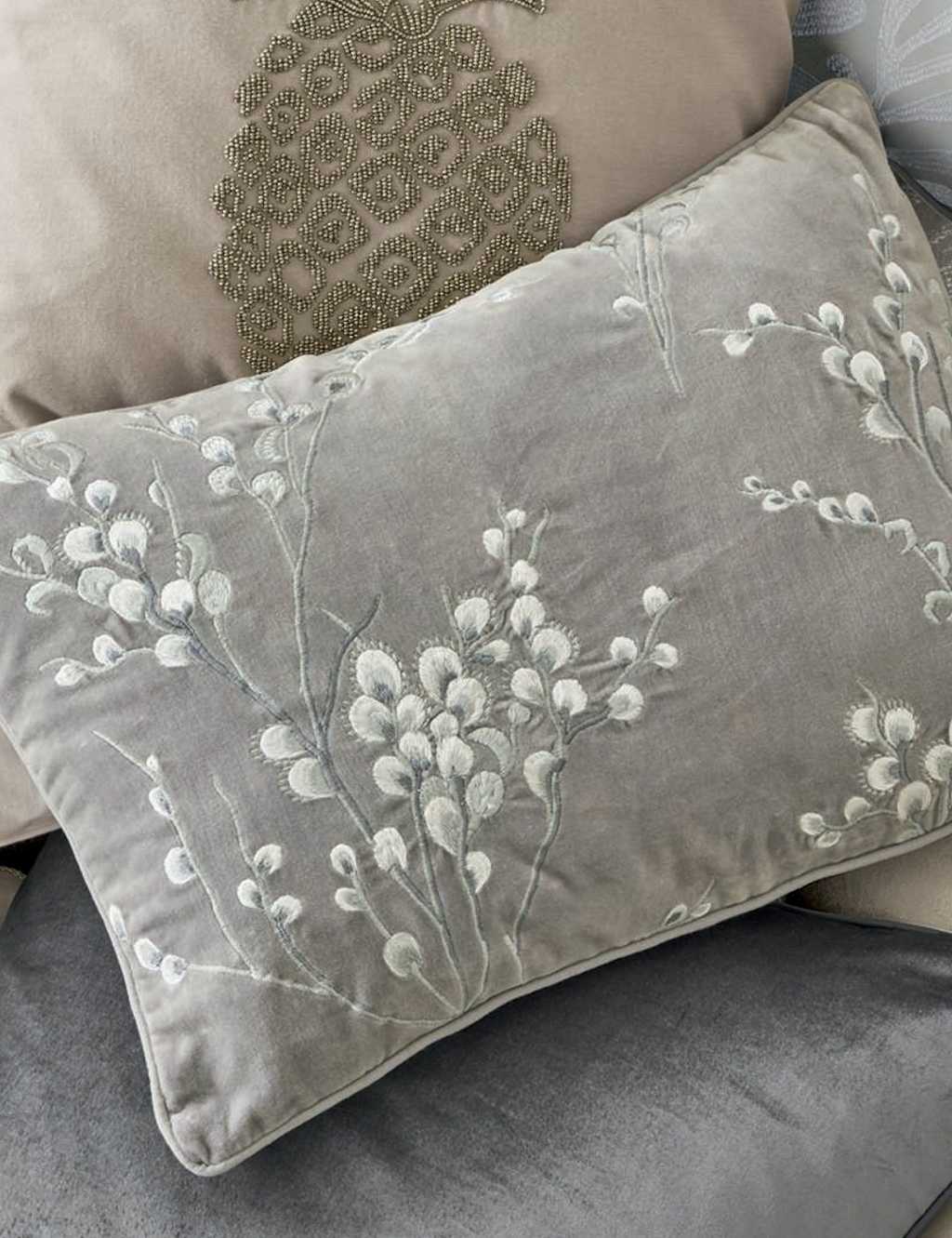 Laura Ashley Pussy Willow Velvet Embroidered Cushion Light Grey Mix