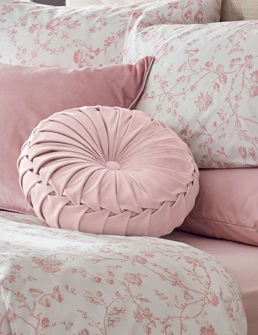 Laura Ashley Rosanna Velvet Round Pleated Cushion - Light Pink - Available at M&S