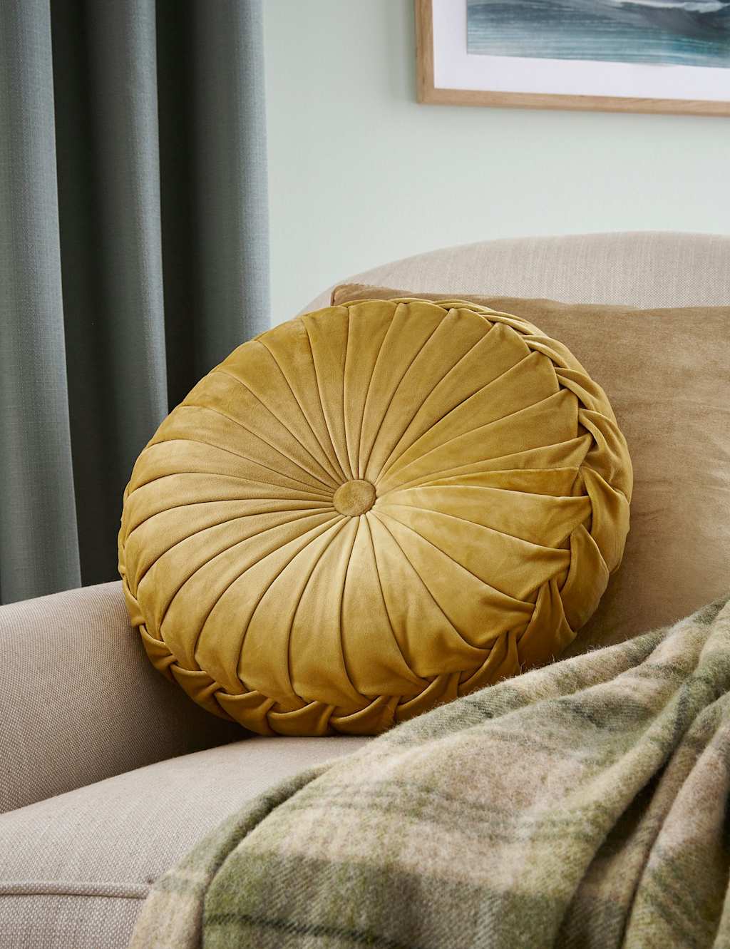 Laura Ashley Rosanna Velvet Round Pleated Cushion - Yellow - Available at M&S