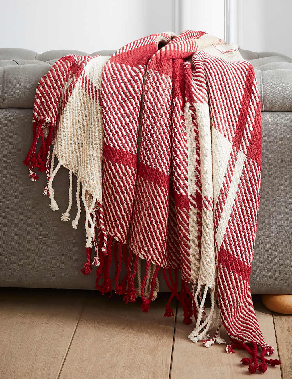 Laura Ashley Pure Cotton Dylan Checked Throw - Wider Width - Red Mix - Available at M&S