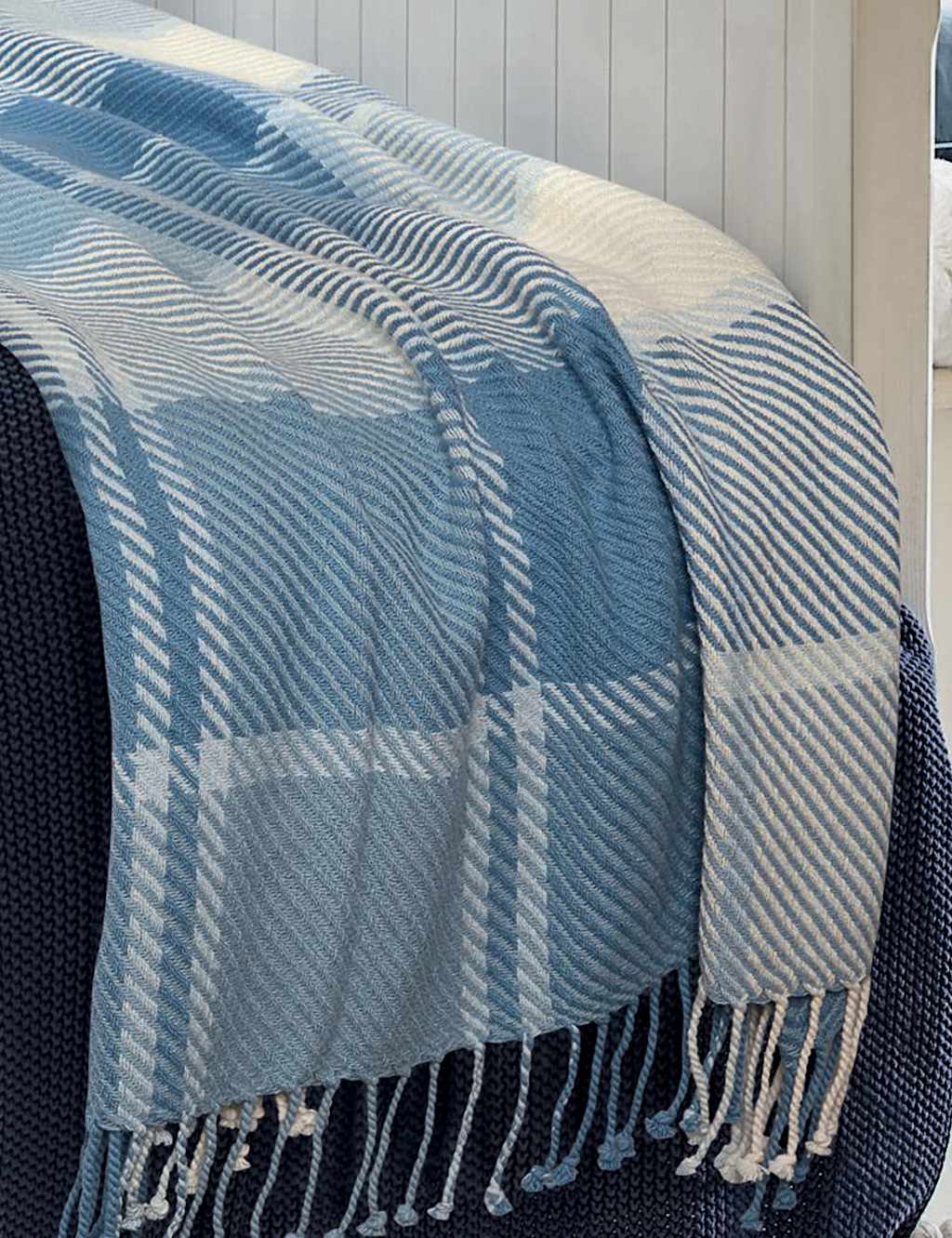 Laura Ashley Pure Cotton Dylan Checked Throw - Wider Width - Blue Mix - Available at M&S