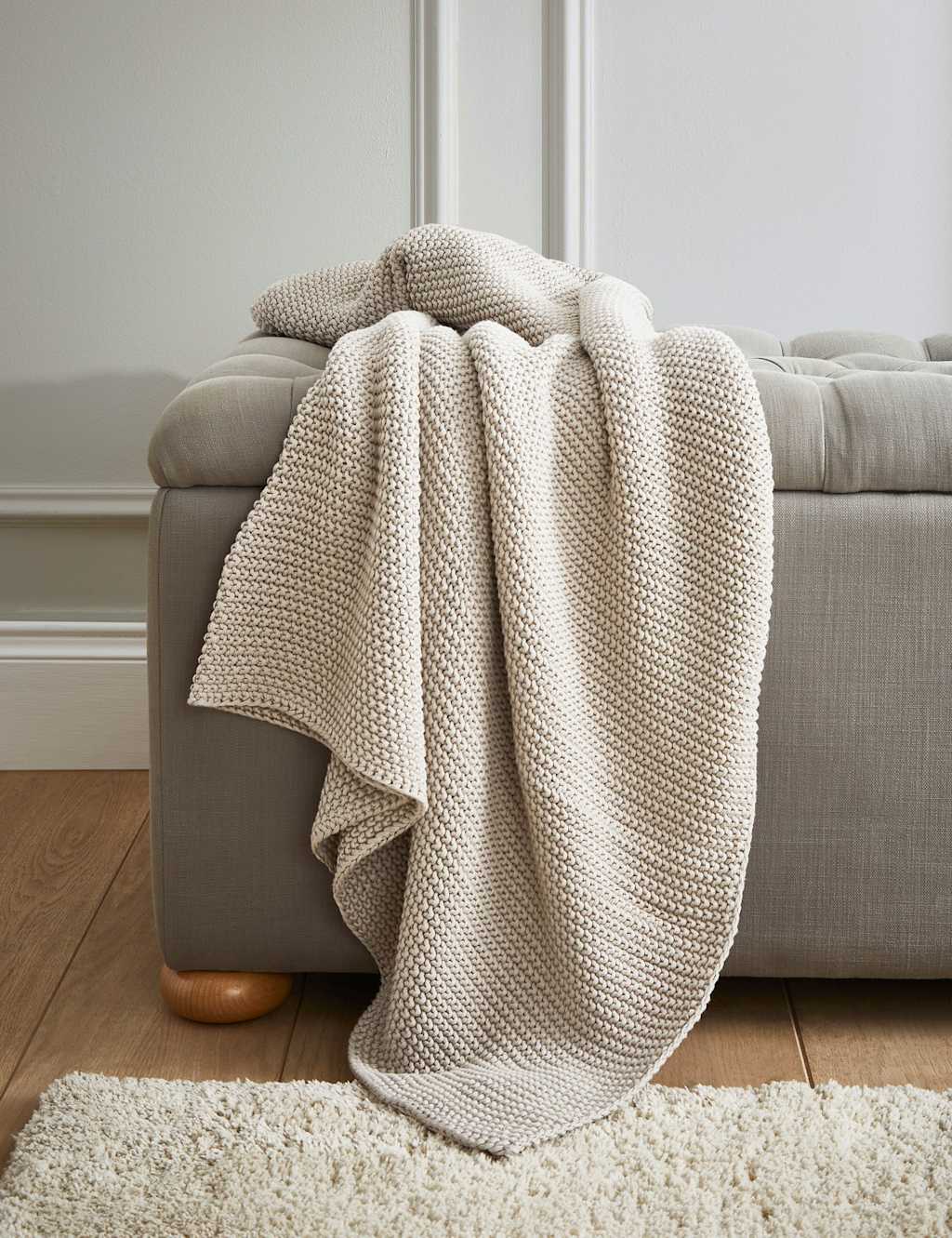 Laura Ashley Pure Cotton Parker Knitted Throw - Wider Width - Light Grey - Available at M&S