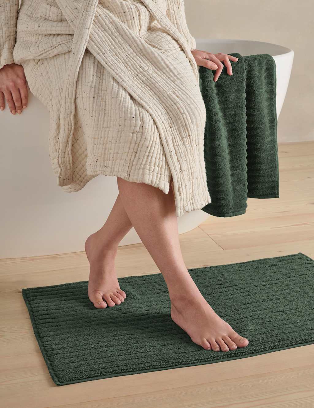 Bedfolk Pure Cotton Ribbed Bath Mat Dark Green