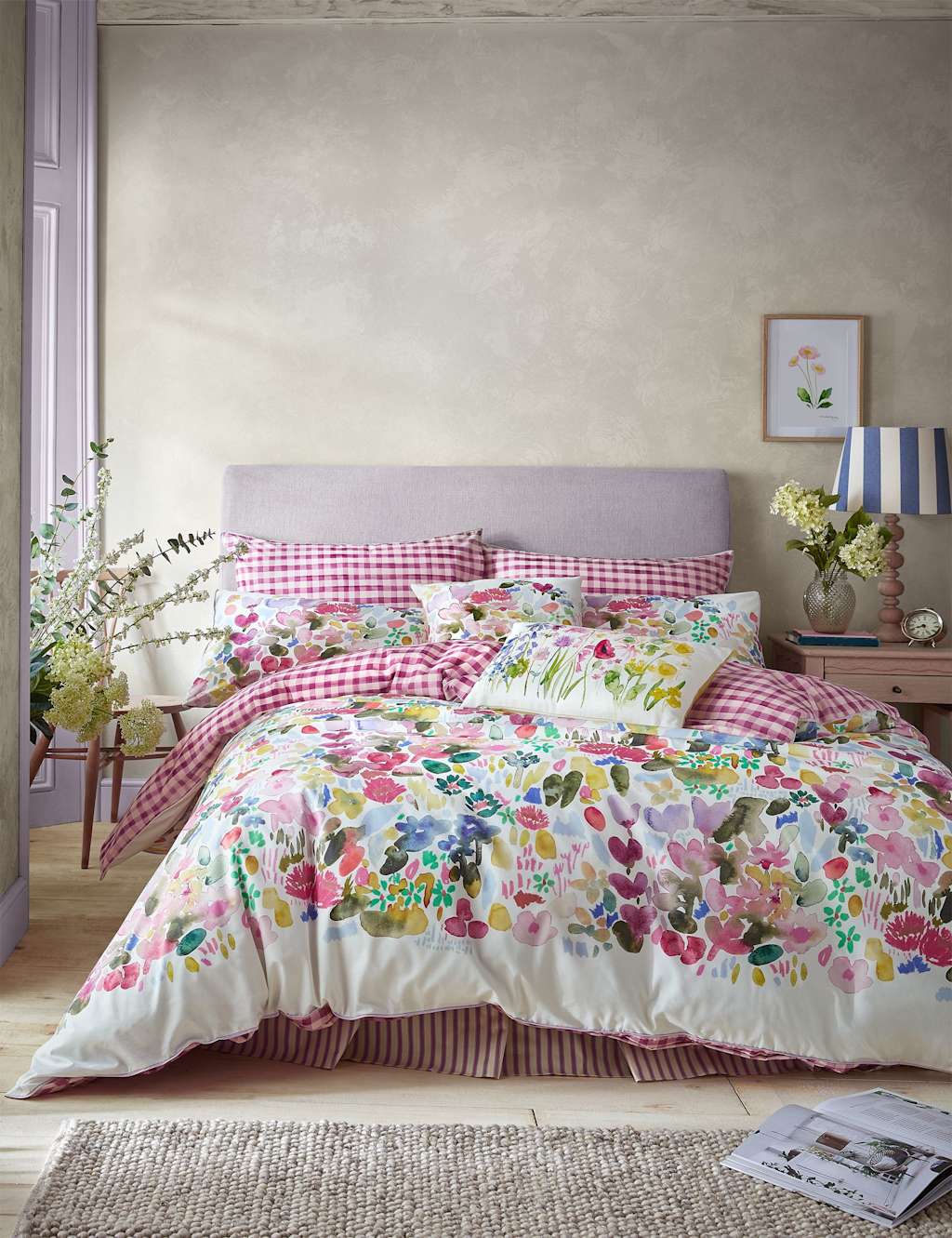 Bluebellgray Pure Cotton Flora Bedding Set - King Size (5 ft) - Pink Mix - Available at M&S