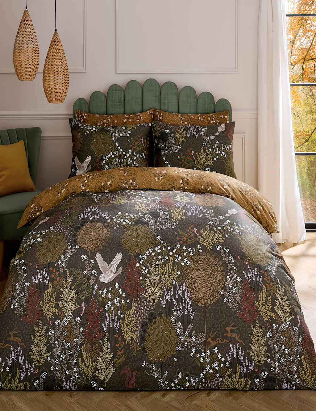 Sara Miller Pure Cotton Sateen Owl Forest Bedding Set - King Size (5 ft) - Brown Mix - Available at M&S