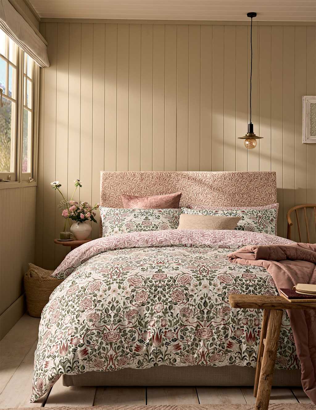 William Morris At Home Pure Cotton Sateen Rose Brick Bedding Set - Single (3 ft) - Pink Mix - Available at M&S