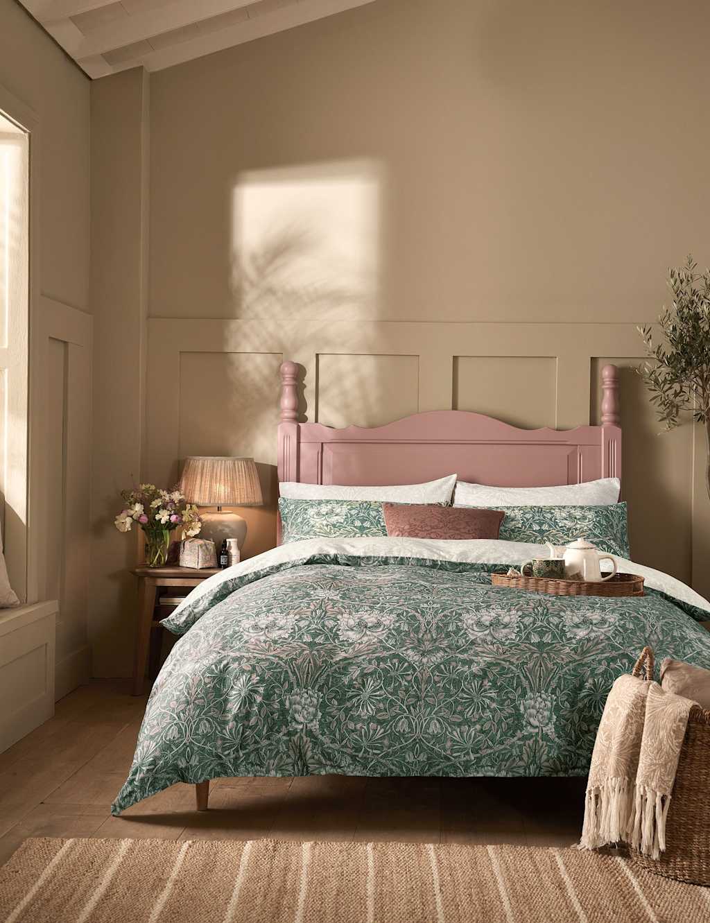 William Morris At Home Pure Cotton Sateen Honeysuckle and Tulip Bedding Set - Double (4 ft 6) - Green Mix - Available at M&S