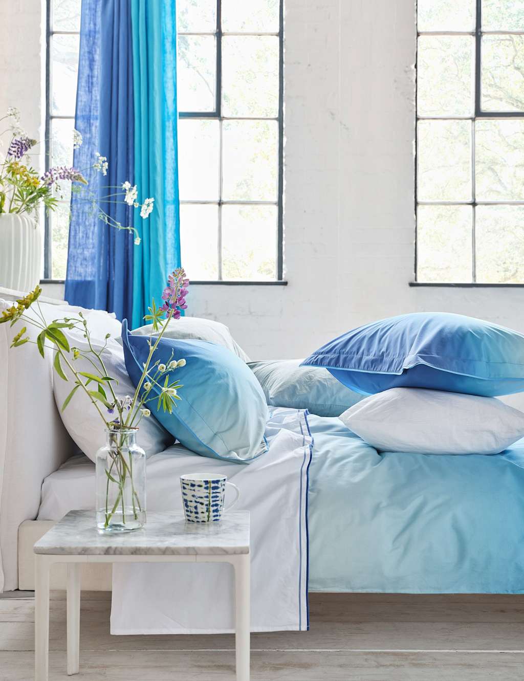 Designers Guild Pure Cotton 400 Thread Count Flat Sheet - Single (3 ft) - Blue Mix - Available at M&S