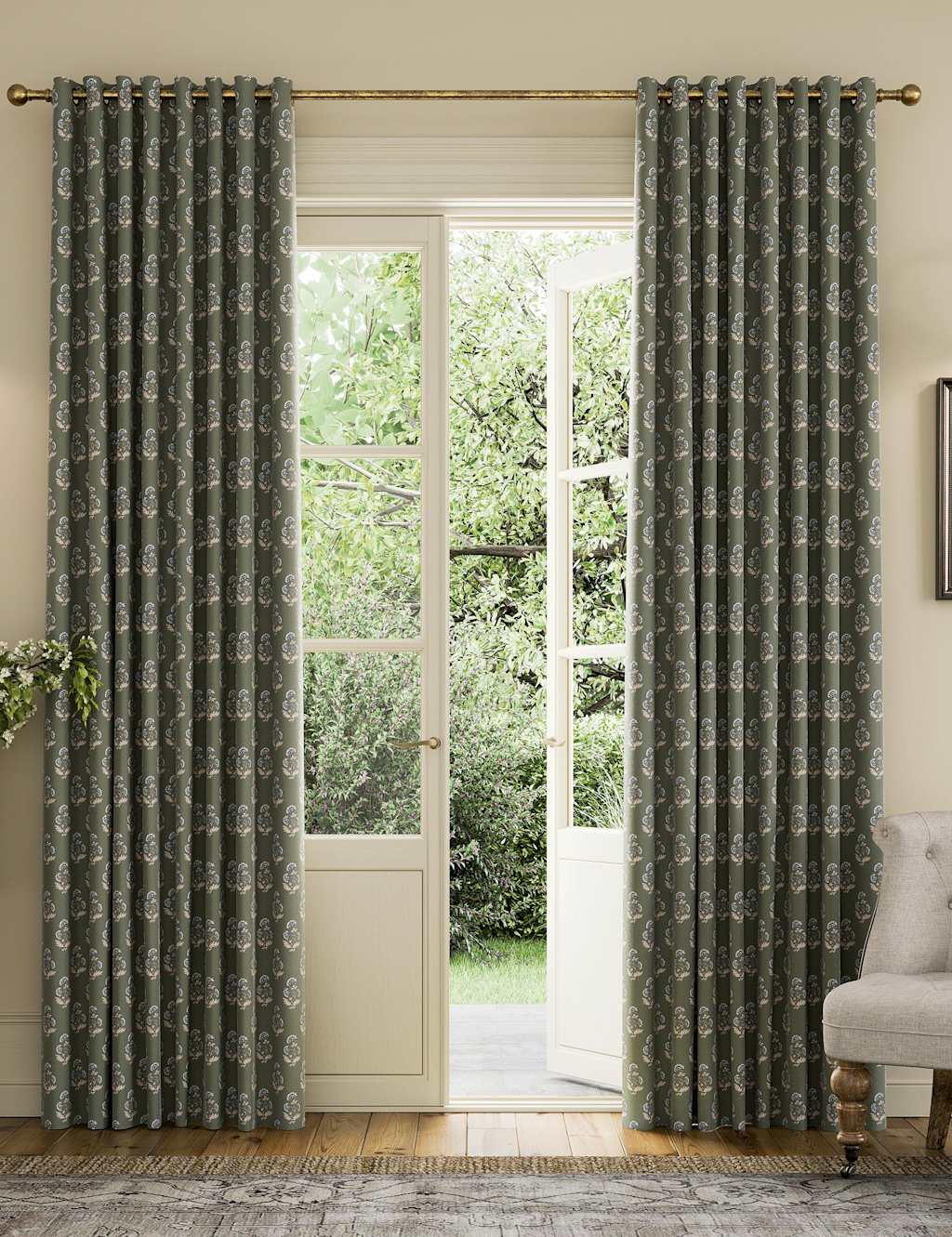 Joules Chamomile Pure Cotton Eyelet Blackout Curtains Green Mix