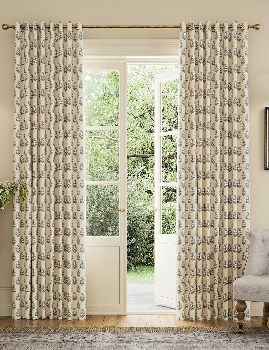 Joules Chamomile Pure Cotton Eyelet Blackout Curtains Cream Mix