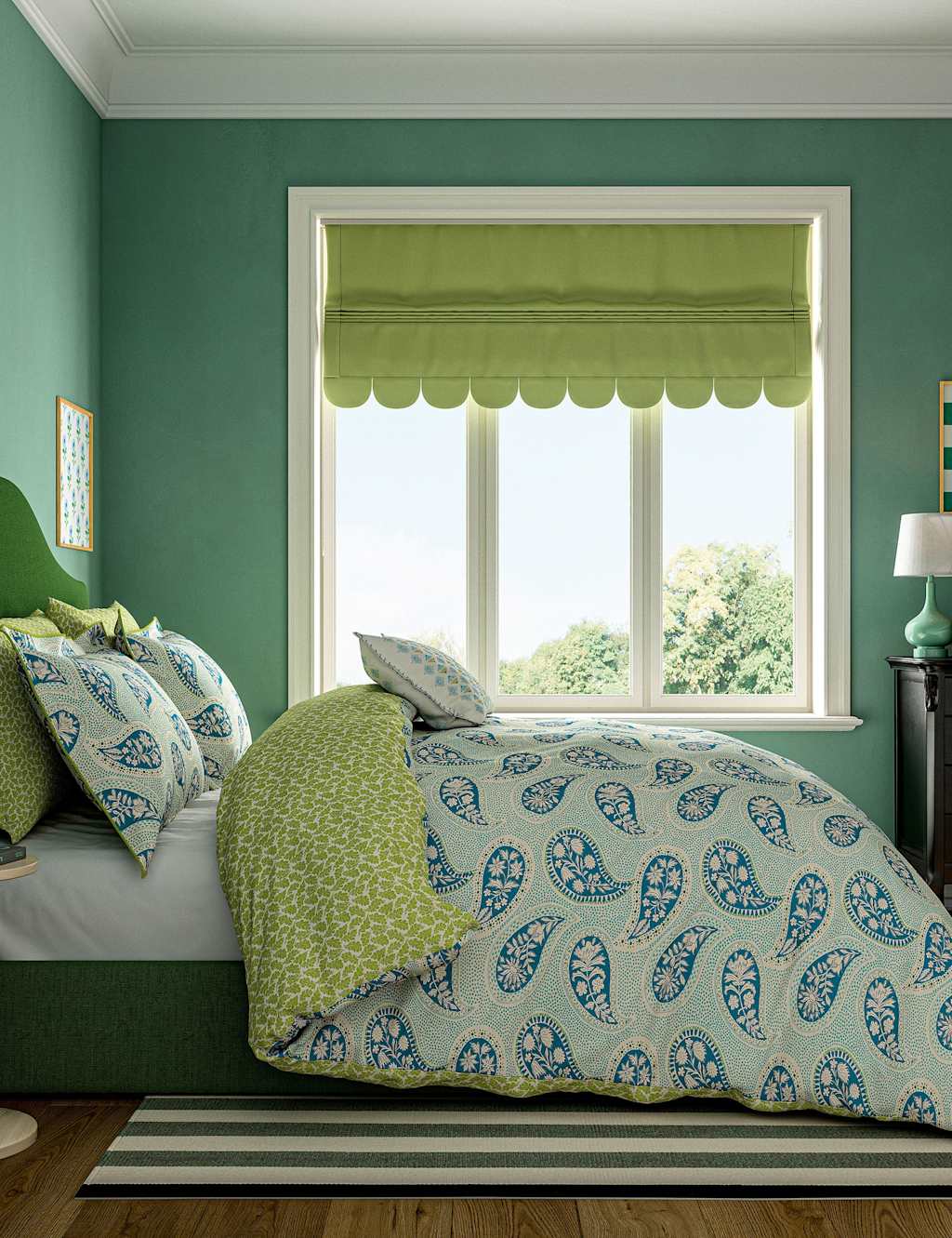 Land & Shore Pure Cotton Melody Bedding Set - Super King Size (6 ft) - Green - Available at M&S