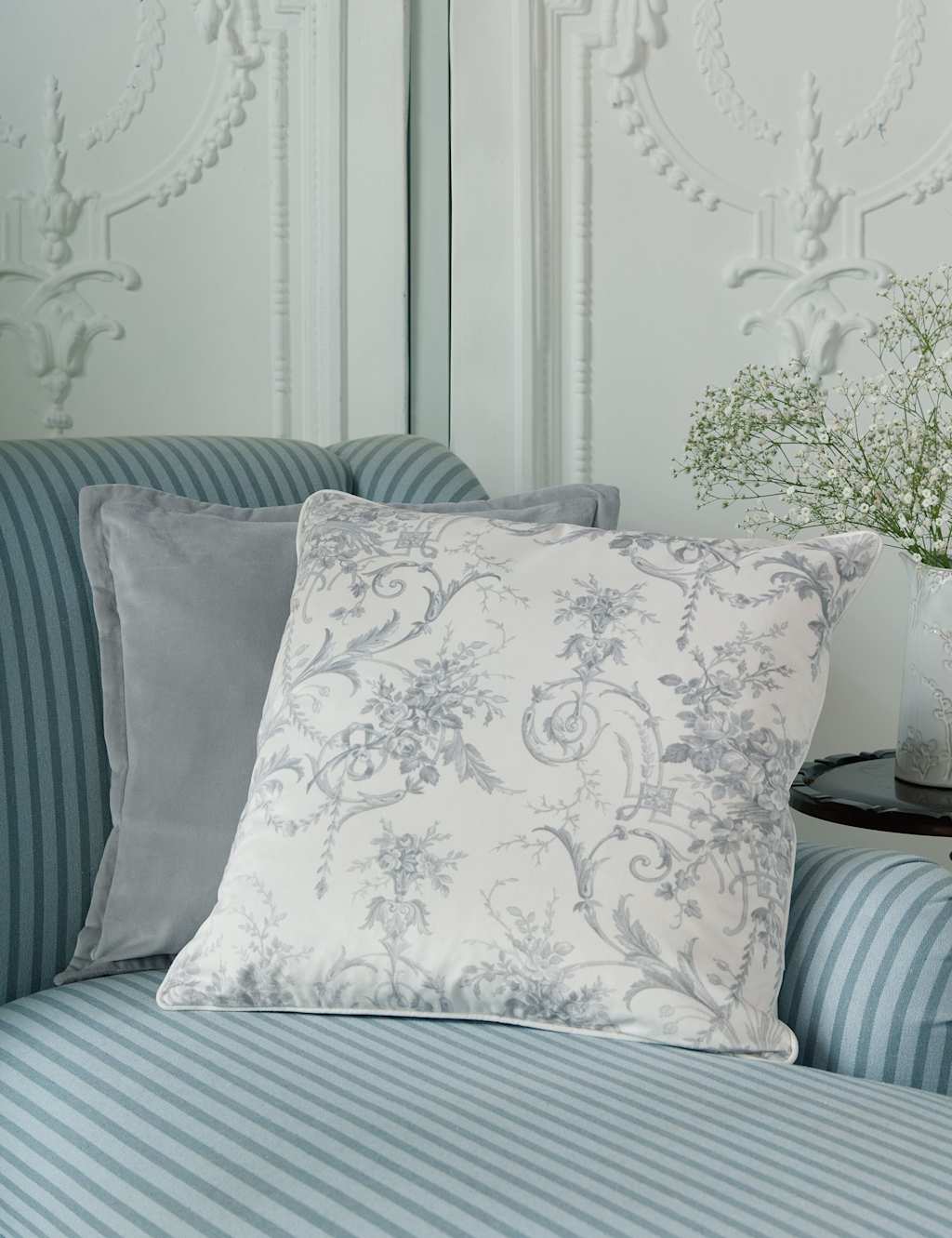 Laura Ashley Tuileries Velvet Piped Cushion - Light Grey - Available at M&S