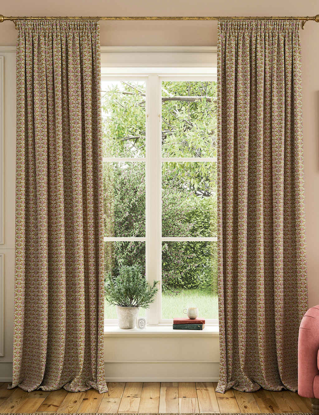 Joules Floral Foulard Pure Cotton Curtains - W168cm, Drop 183cm - Gold Mix - Available at M&S