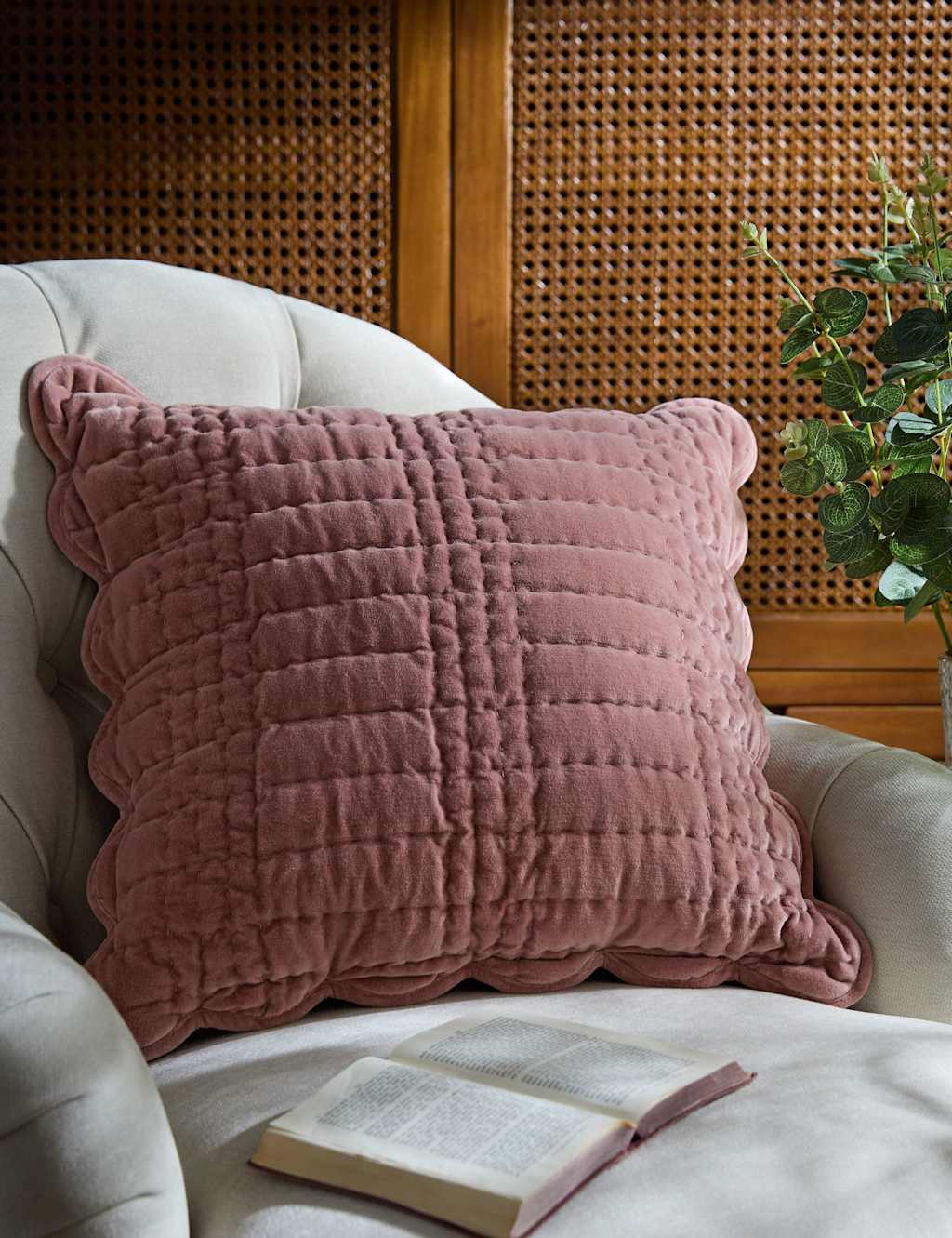 Laura Ashley Velvet Scalloped Cushion - Light Pink - Available at M&S
