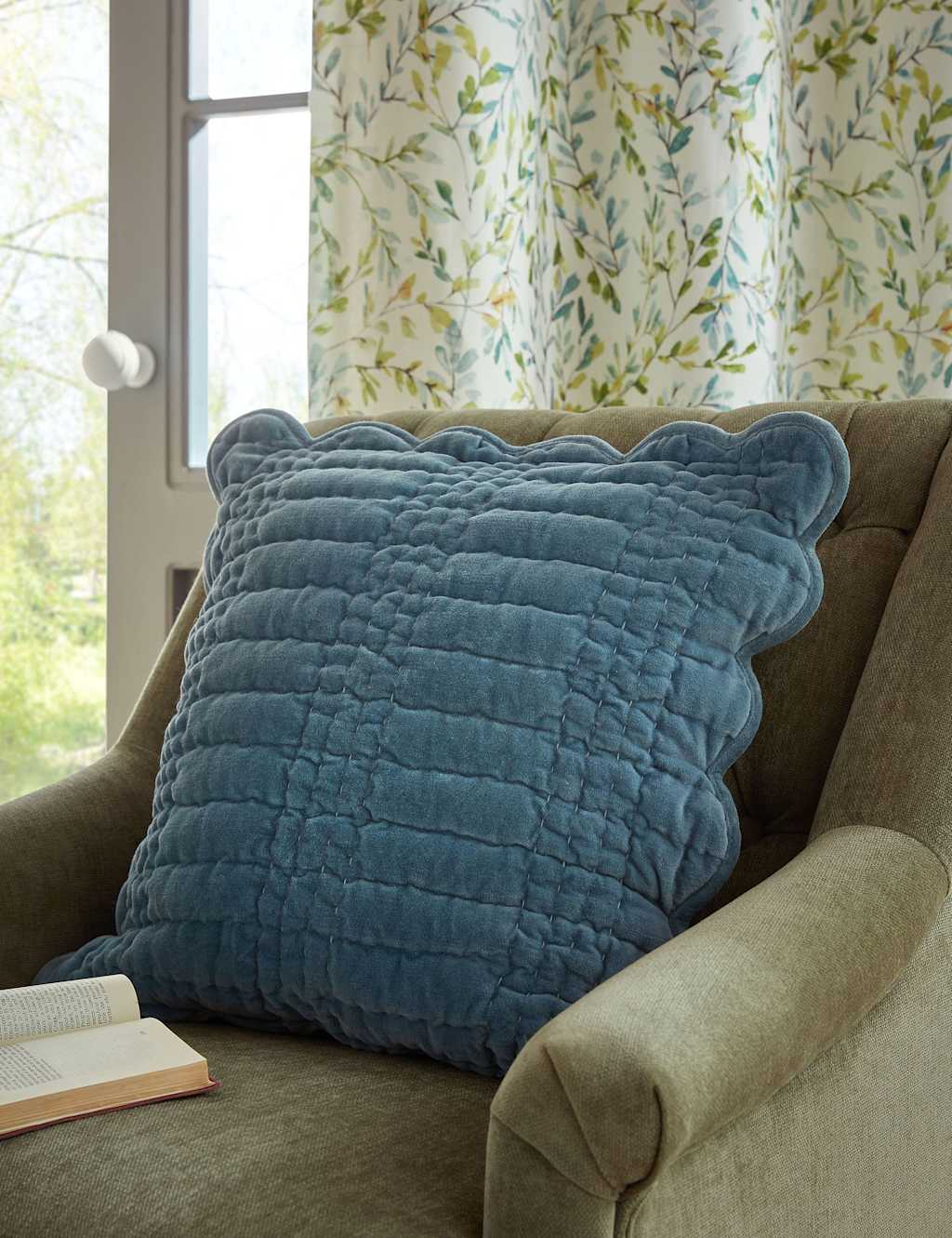 Laura Ashley Velvet Scalloped Cushion - Light Blue - Available at M&S