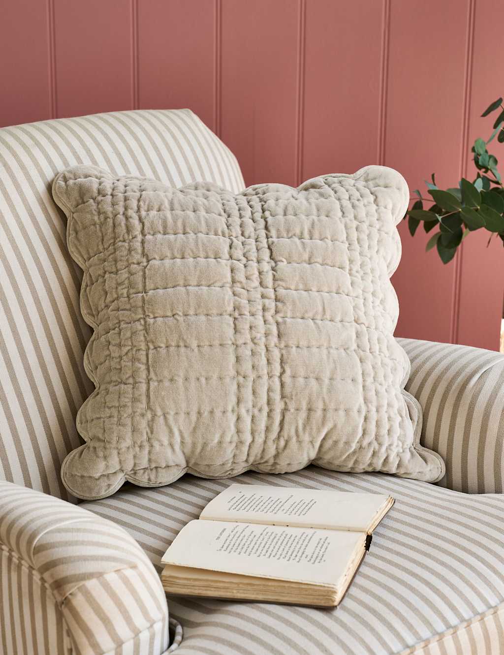 Laura Ashley Velvet Scalloped Cushion - Light Grey - Available at M&S