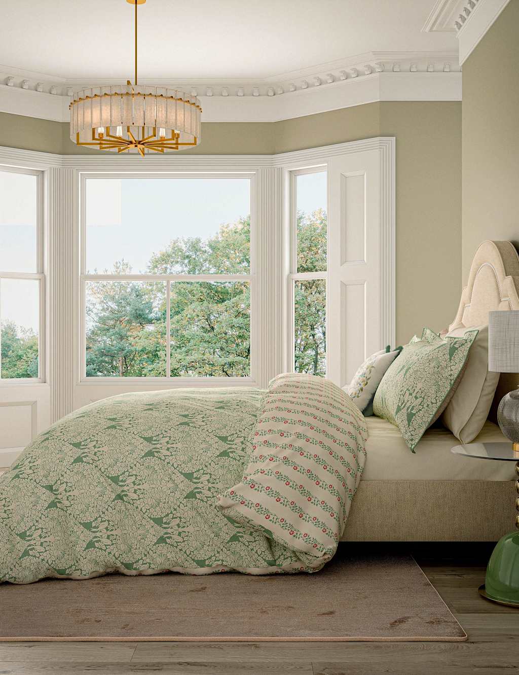V&A Pure Cotton Lerena Bedding Set - King Size (5 ft) - Green Mix - Available at M&S