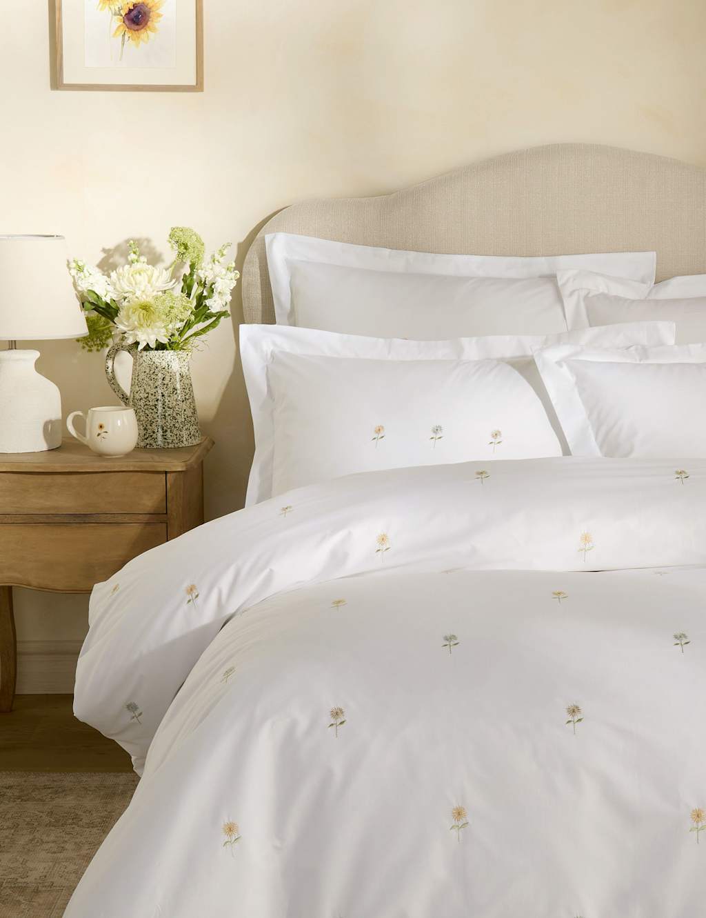 Sophie Allport Pure Cotton Embroidered Sunflower Bedding Set - King Size (5 ft) - White - Available at M&S