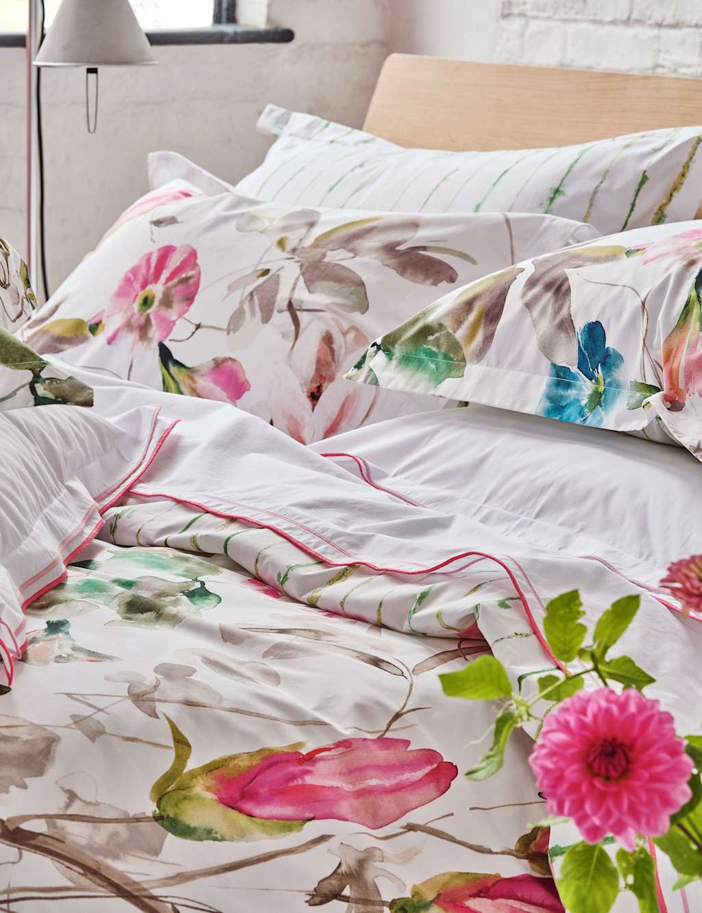 Designers Guild Pure Cotton Percale Floral Pillowcase Set - Fuchsia Mix - Available at M&S