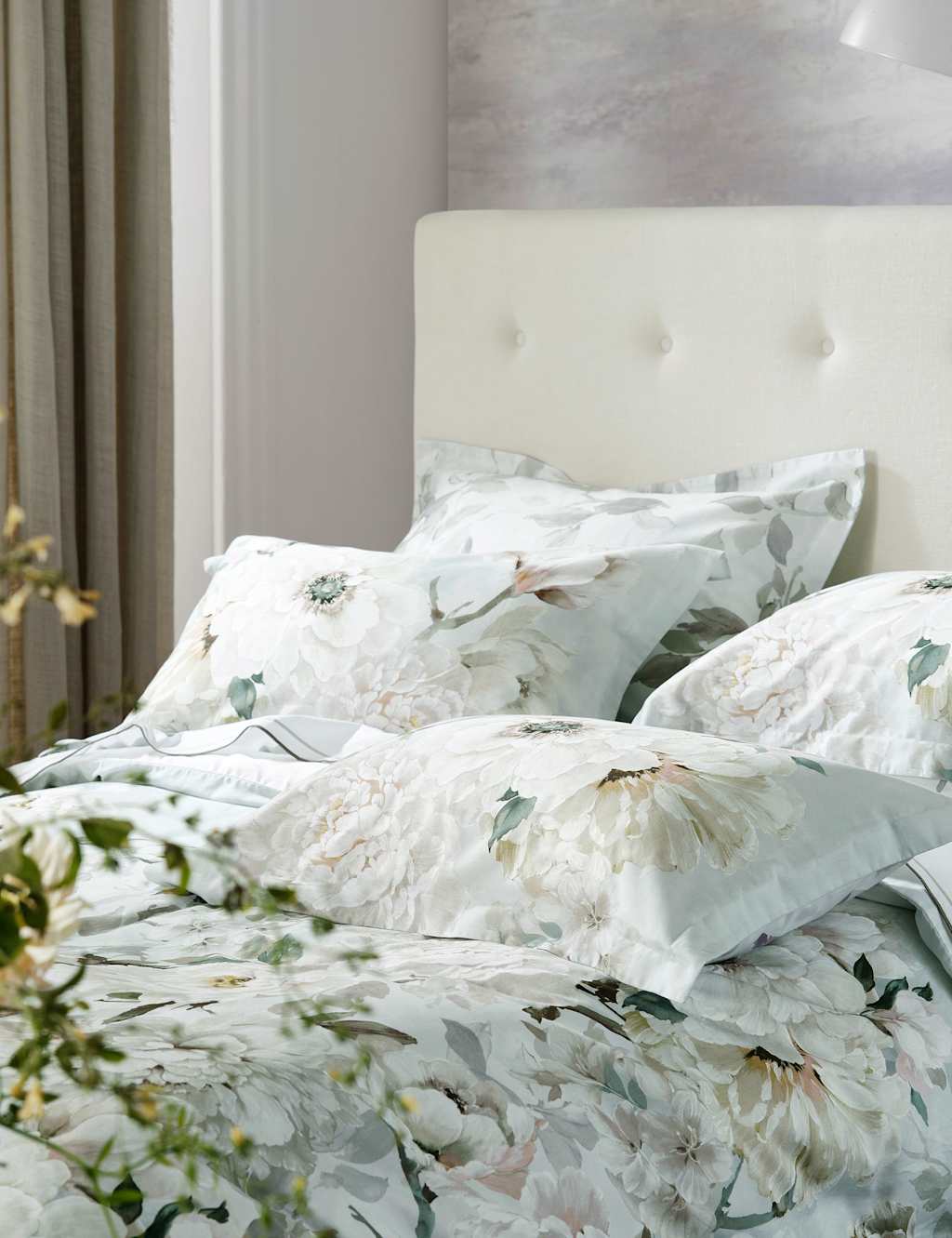 Designers Guild Pure Cotton Sateen Floral Pillowcase Set - Grey Mix - Available at M&S