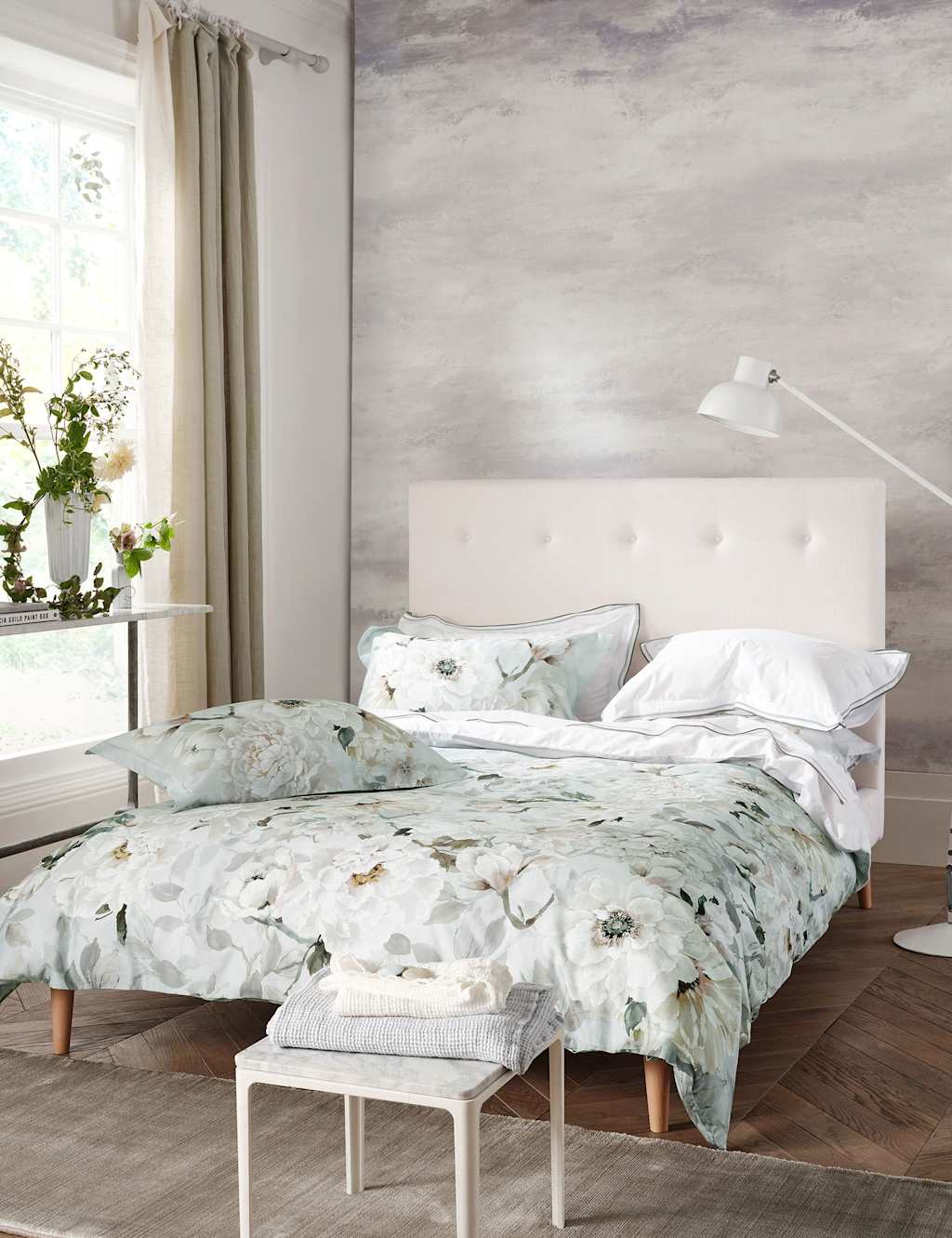 Designers Guild Fleur Blanche Pure Cotton Sateen Bedding Set - Super King Size (6 ft) - Grey Mix - Available at M&S