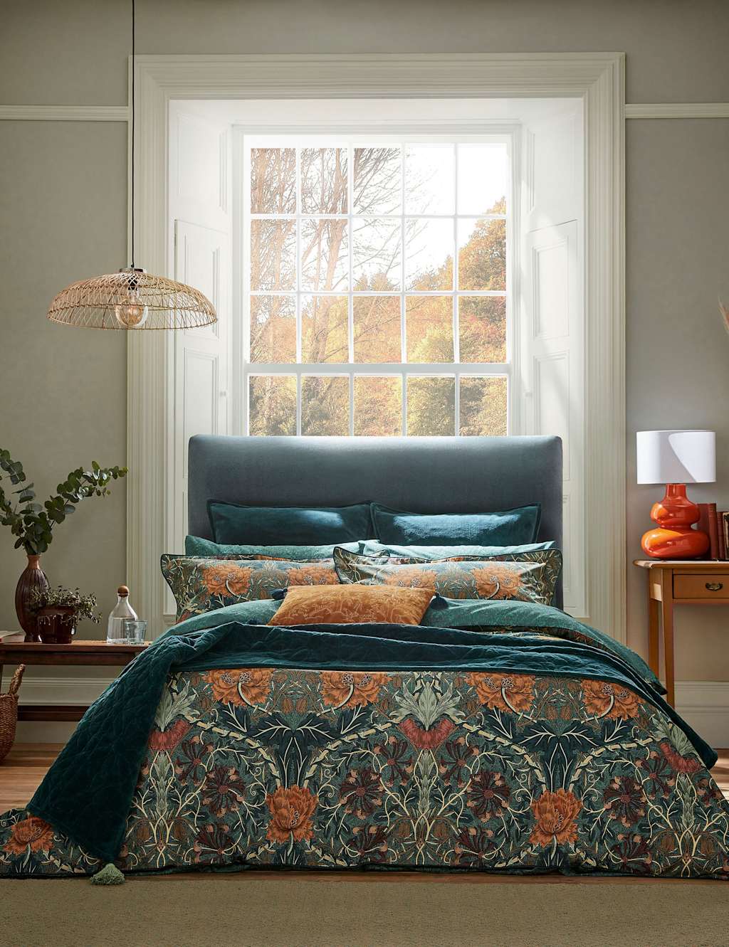 Morris & Co Pure Cotton Honeysuckle & Tulip Duvet Cover - Super King Size (6 ft) - Teal Mix - Available at M&S
