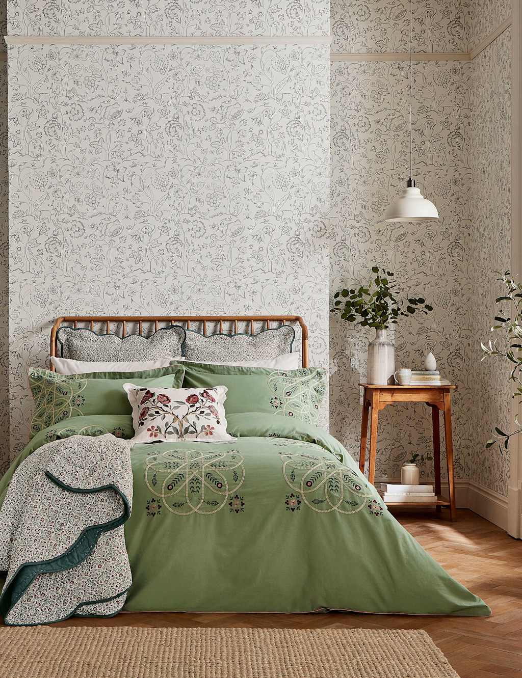 Morris & Co Pure Cotton Brophy Embroidery Bedding Set - King Size (5 ft) - Green Mix - Available at M&S