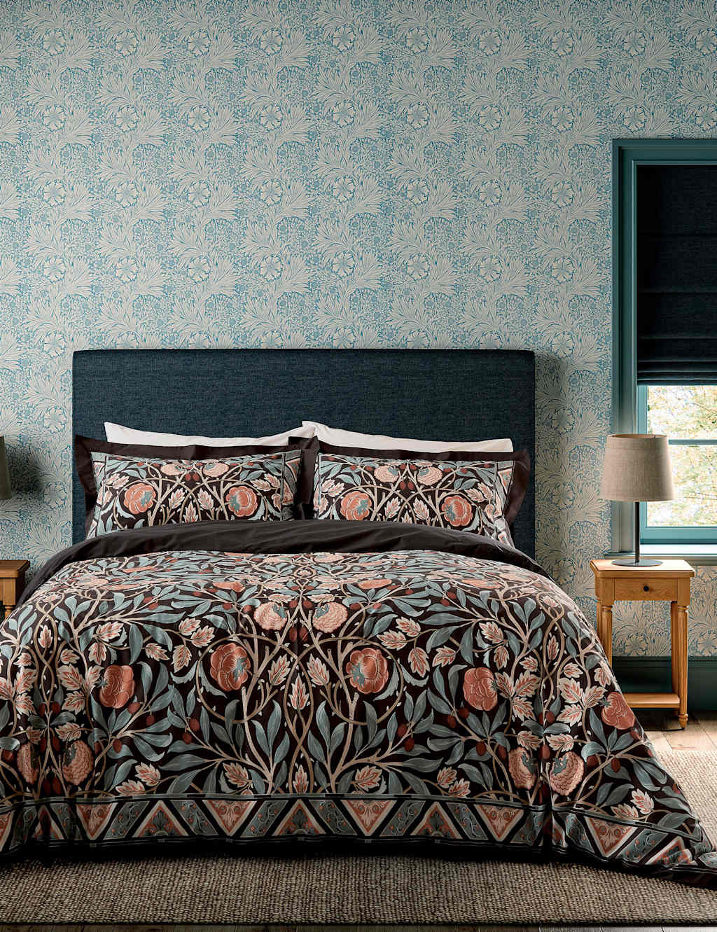 Morris & Co Pure Cotton Olive and Rose Bedding Set - King Size (5 ft) - Indigo Mix - Available at M&S