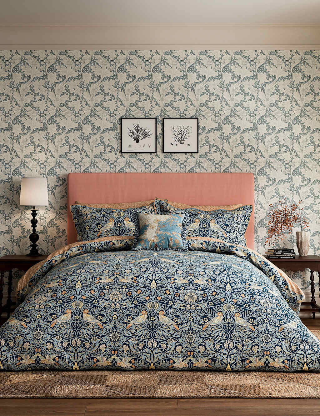 Morris & Co Pure Cotton Bird Bedding Set - Double (4 ft 6) - Blue Mix - Available at M&S
