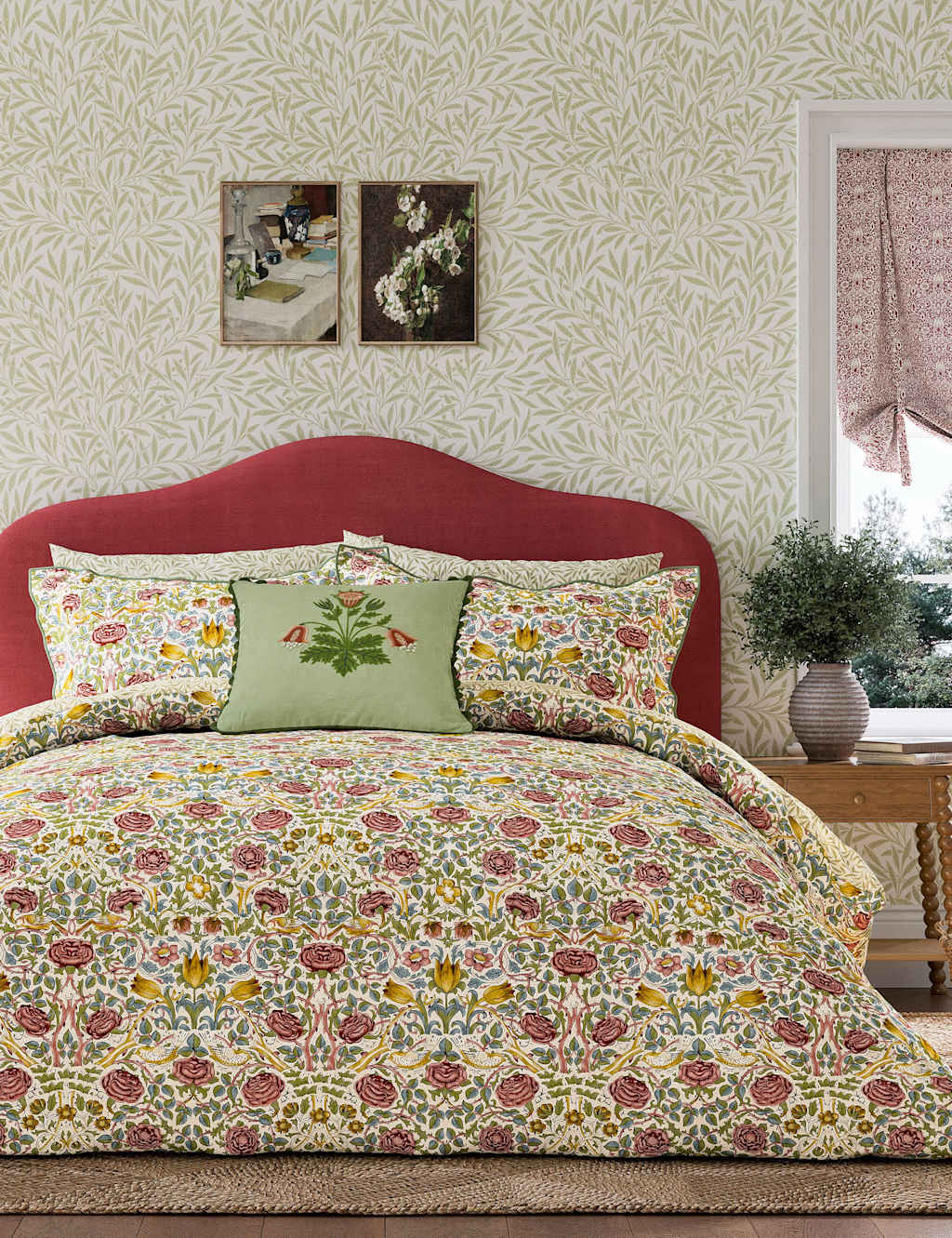Morris & Co Pure Cotton Rose Bedding Set - Double (4 ft 6) - Green Mix - Available at M&S