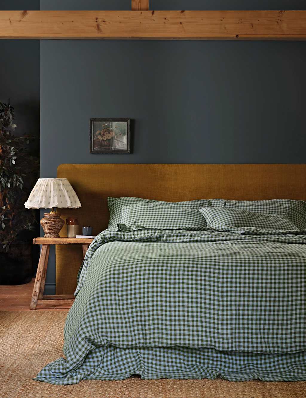 Piglet In Bed Pure Linen Gingham Duvet Cover - Double (4 ft 6) - Green Mix - Available at M&S