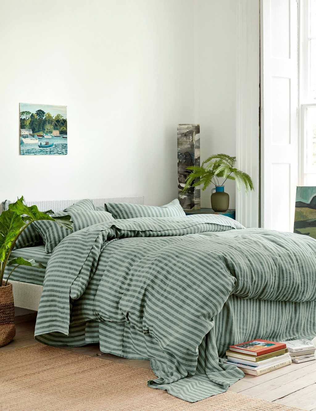 Piglet In Bed Pure Linen Pembroke Stripe Duvet Cover - Single (3 ft) - Green Mix - Available at M&S