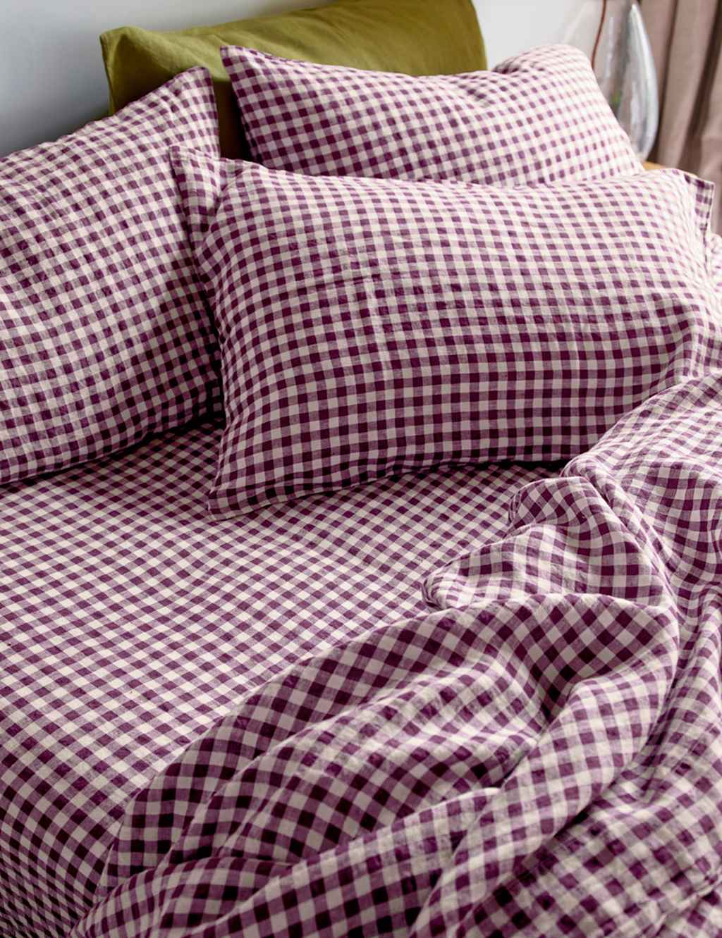 Piglet In Bed Linen Rich Gingham Fitted Sheet - King Size (5 ft) - Purple Mix - Available at M&S
