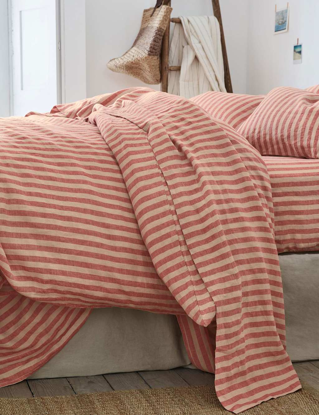Piglet In Bed Linen Rich Striped Flat Sheet - Double (4 ft 6) - Red Mix - Available at M&S