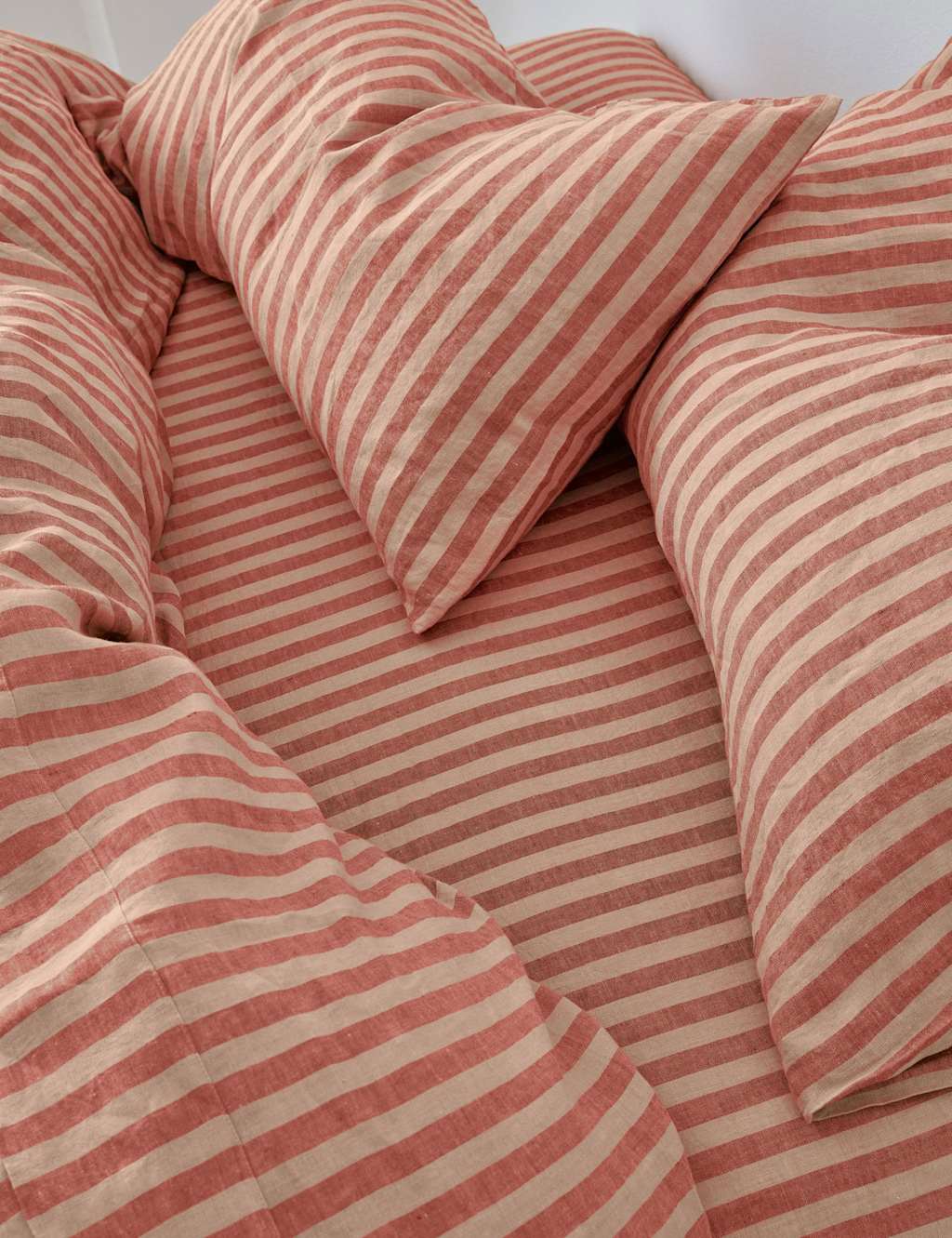 Piglet In Bed Pure Linen Pembroke Stripe Fitted Sheet - Single (3 ft) - Red Mix - Available at M&S