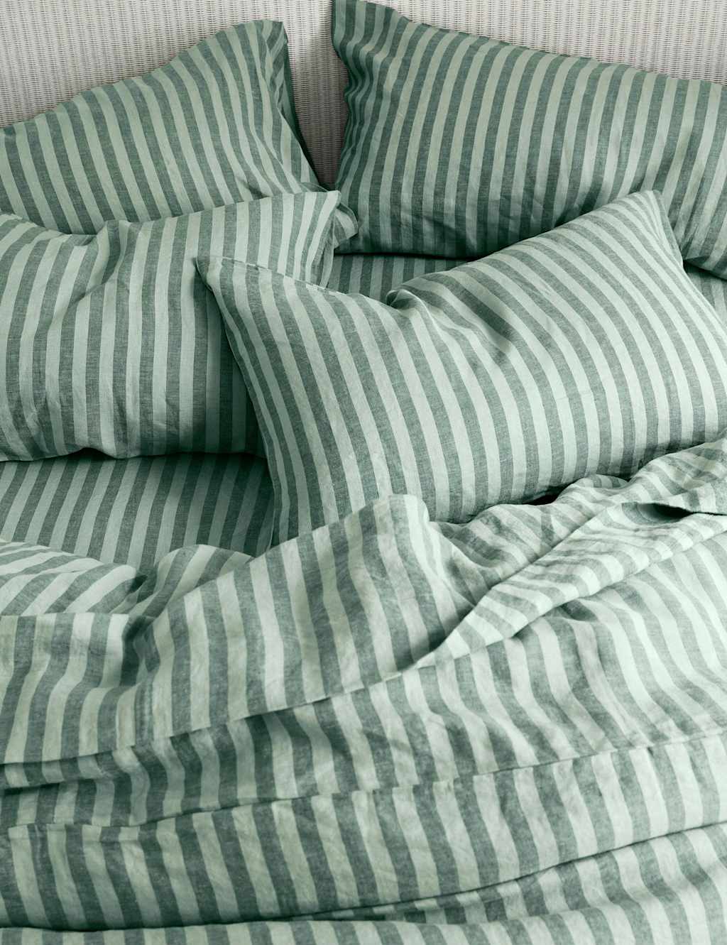 Piglet In Bed Pure Linen Pembroke Stripe Fitted Sheet - Single (3 ft) - Green Mix - Available at M&S