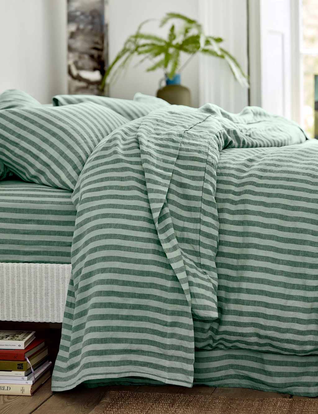 Piglet In Bed Pure Linen Striped Flat Sheet - Single (3 ft) - Green Mix - Available at M&S