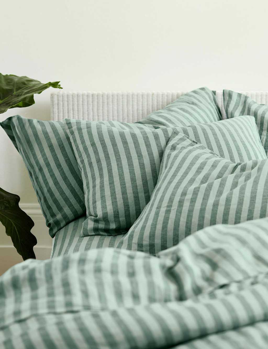 Piglet In Bed 2 Pack Pure Linen Pembroke Stripe Pillowcases - Green Mix - Available at M&S