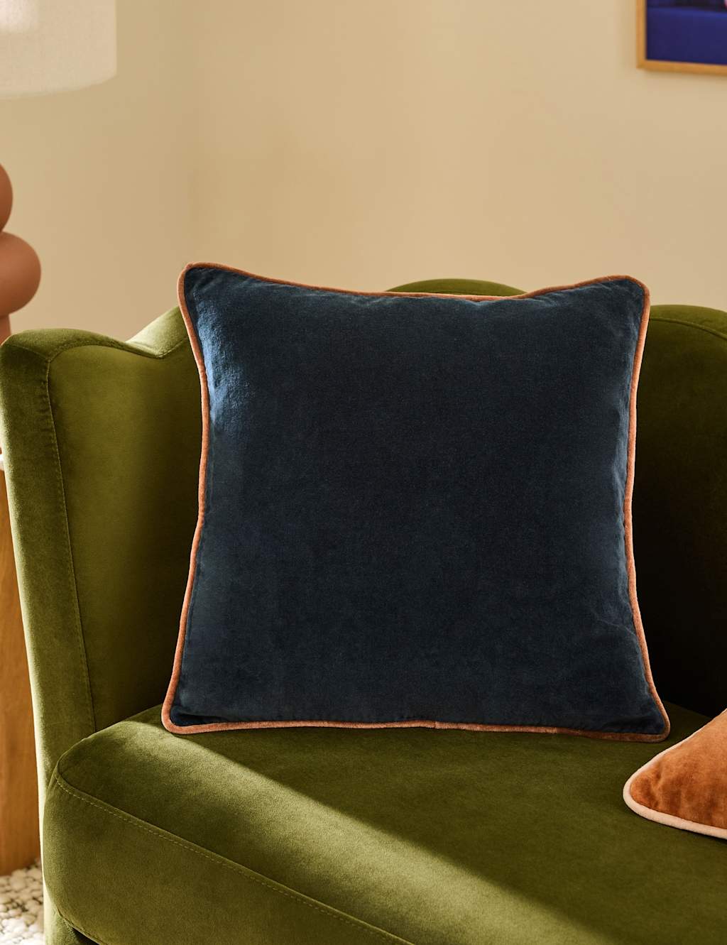 Made Bailey Brushed Cotton Velvet Piped Cushion - Navy Mix - Available at M&S