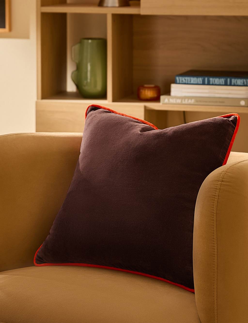 Made Bailey Brushed Cotton Velvet Piped Cushion - Brown Mix - Available at M&S